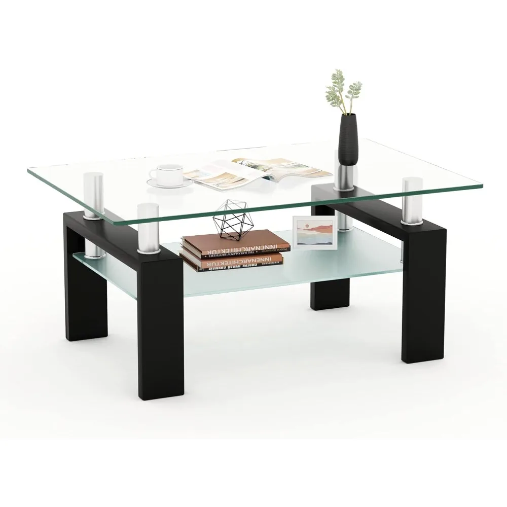 

Rectangle Glass Coffee Table, Clear Glass Coffee Tables for Living Room, Coffee Table Glass Top with Metal Leg, Clear Tables for