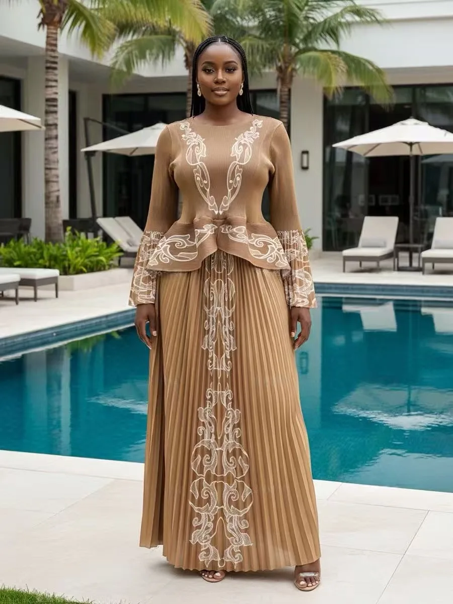 

Плиссированное платье-костюм Miyake с принтом, приталенное, свободное, скрывающее живот, с юбкой, комплект из двух предметов, новинка 2026 года