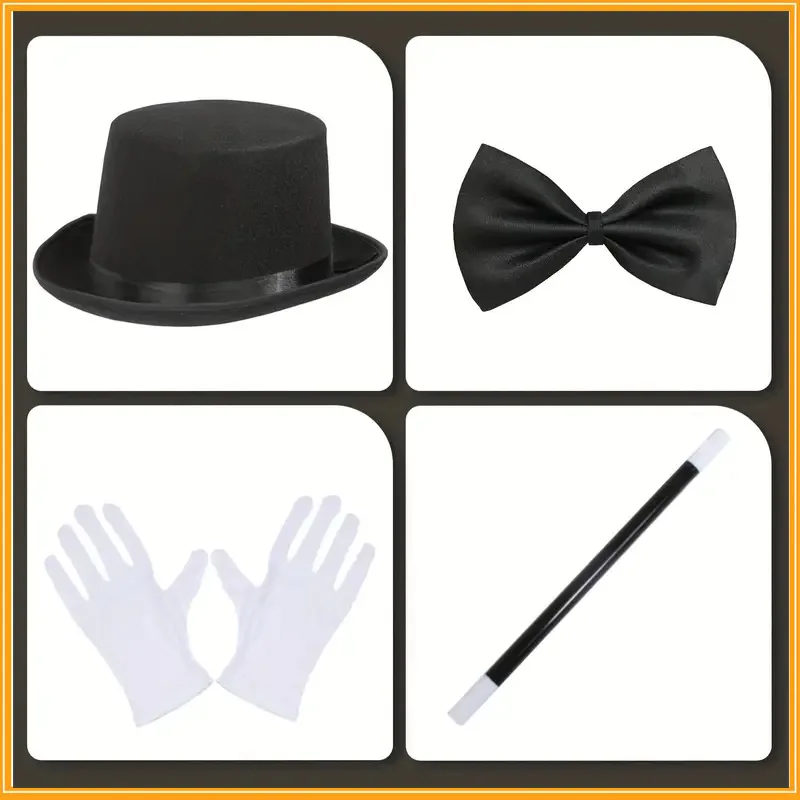 Zauberer Rollenspiel Cosplay Kostüme Outfit Halloween Zauberer Herren Jazz Hut mit Fliege Handschuhe Smoke Rod Prop Sets