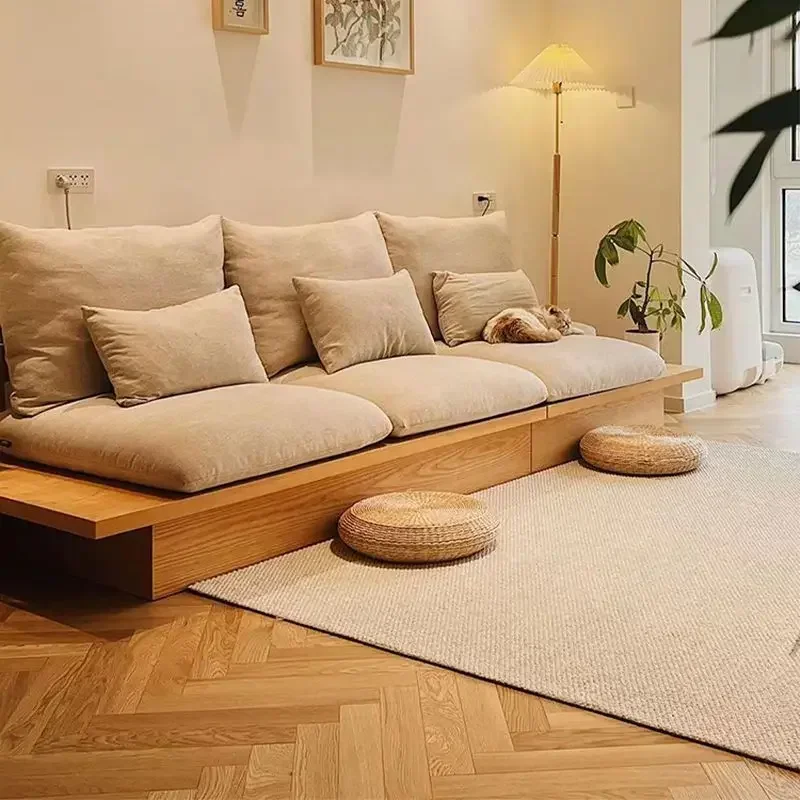 Sofá de estilo japonés con marco de madera maciza, sala de estar, apartamento pequeño, almacenamiento simple nórdico, piso de tres personas, registro de tela, wabi