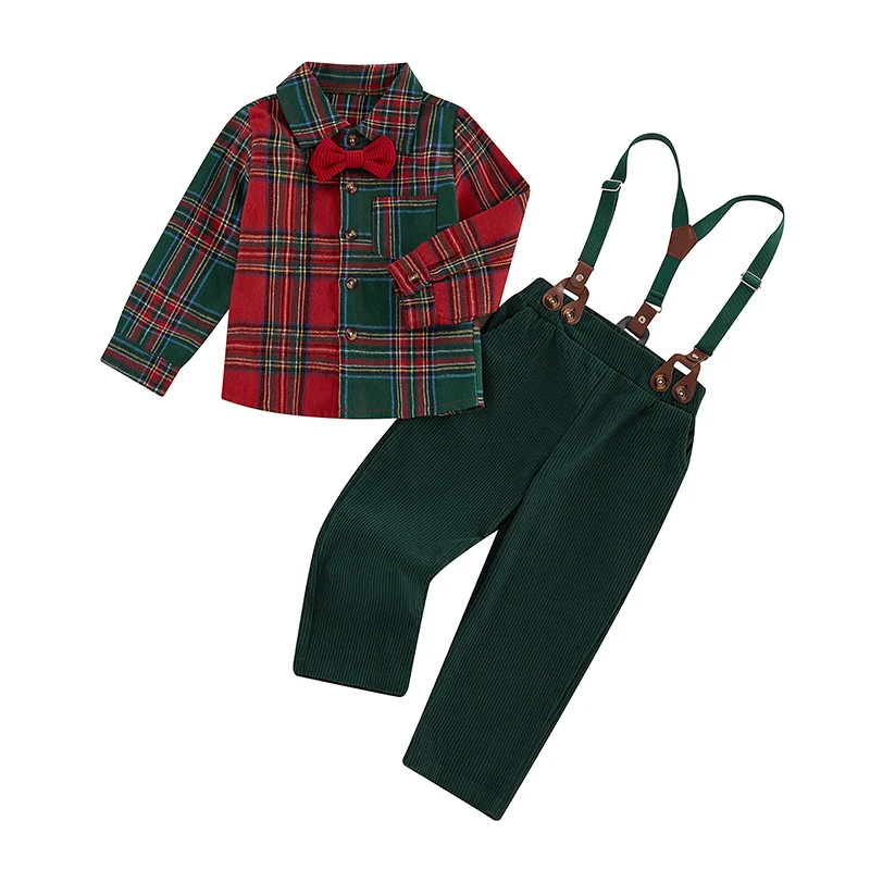 Pudcoco Toddler Kids Boy Gentleman Outfit Christmas Plaid Print Button Long Sleeves Shirt Suspender Pants Set Formal Wear 1-7T