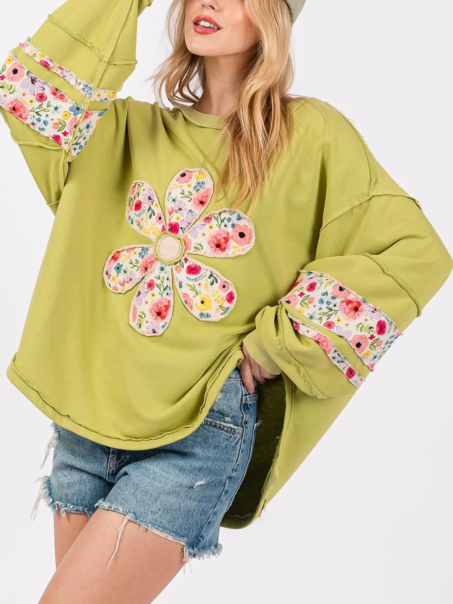 Women s Spring Autumn Loose Sweatshirt Long Sleeve Round Neck Floral Patch Pullover