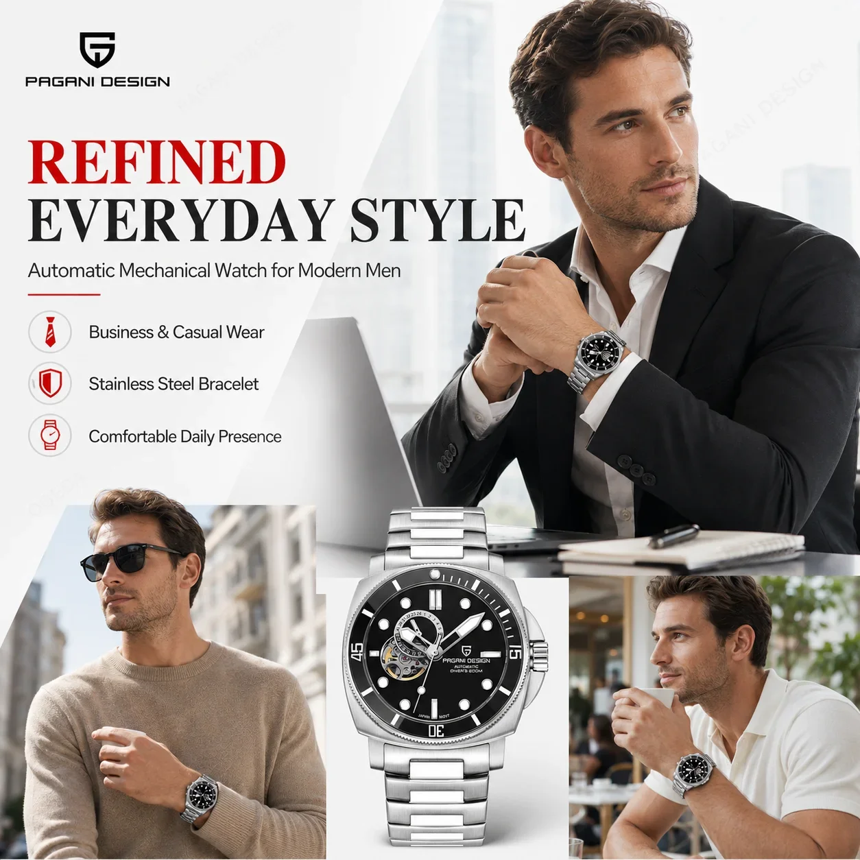 PAGANI DESIGN Men's Automatic Watch Mechanical Men Watches Sapphire Crystal 316L Steel Sky Blue Dial Luxury Sport Watch