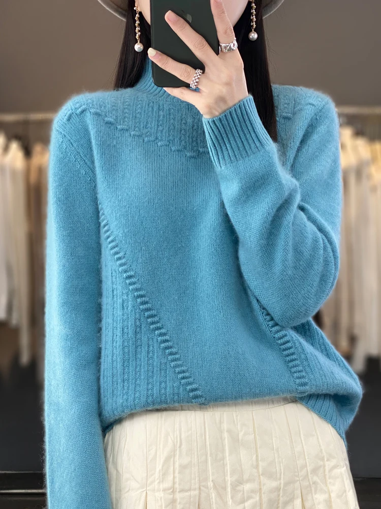 Autumn Winter 100% Merino Wool Loose Pullover Cashmere Sweater For Women Thickened Twist Flower Mock-neck Knitwear New Fashion