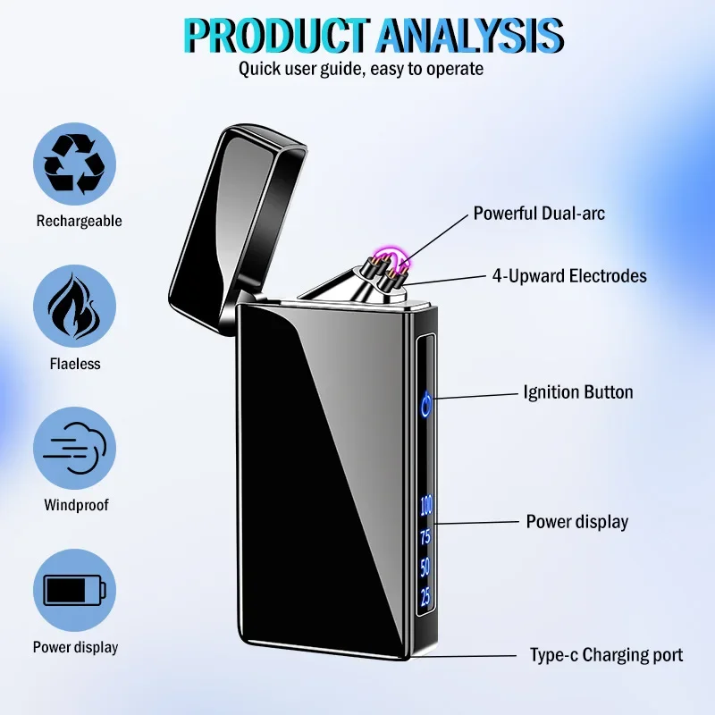 Windproof Metal Lighter Dual Arc Flameless Plasma Rechargeable USB Type-C Lighter LED Power Display Touch Sensor ElectricLighter