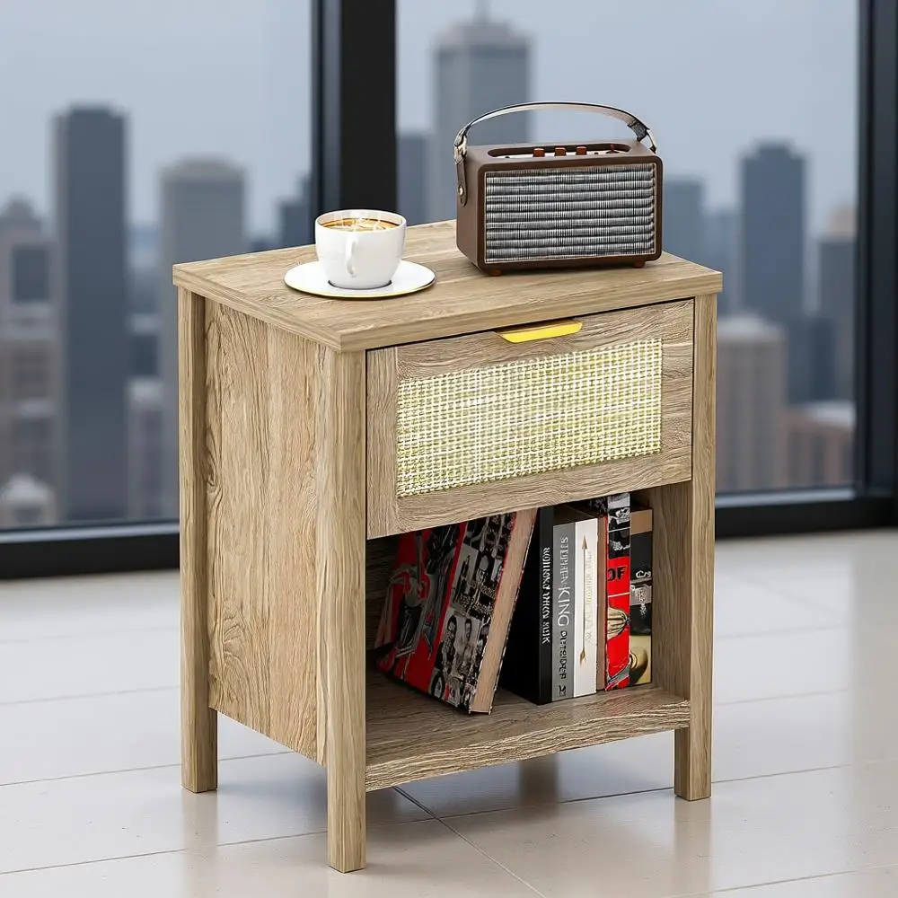 

Набор из 2 прикроватных тумбочек из ротанга, черный приставной столик в фермерском доме с выдвижным ящиком и полкой для хранения, прикроватная тумбочка в стиле бохо для торцевых столиков в спальне (