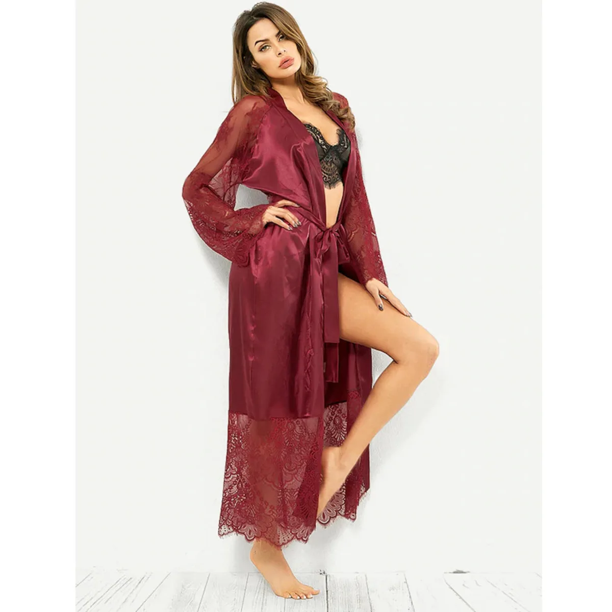 Satin Night Robe Long Sleeve V Neck Silk Satin Nightdress For Women Sexy Lingerie Sleepwear Lace Robe Dress Nightgown Pajamas