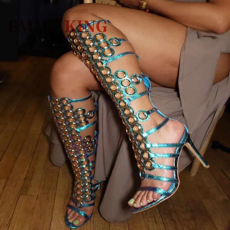 

Женские сандалии-гладиаторы с ремешками, сандалии до колена с открытым носком и люверсами, украшенные сзади, сандалии на высоком каблуке с молнией сзади, полые сандалии