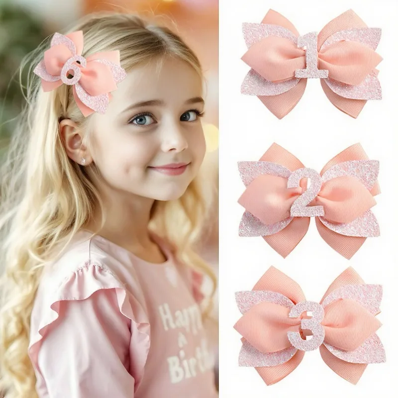 

10PCS/ Glitter Birthday Hair Bow for Baby Girls 1 2 3 4 5 6 Years Peach Party Decoration Hair Accessories for Six 6th Birthday