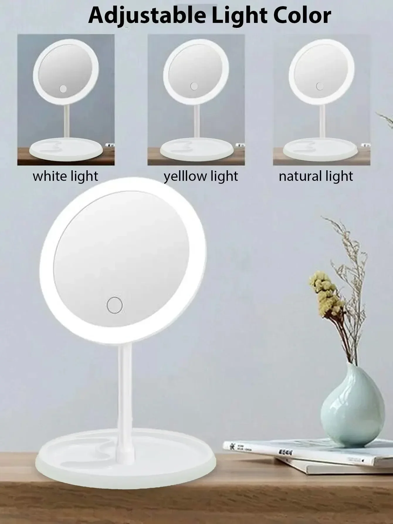 Makeup Mirror With Light USB Rechargeable White Pink LED Daylight Vanity Mirror 3 Lighting Modes Detachable Storage Base Mirror