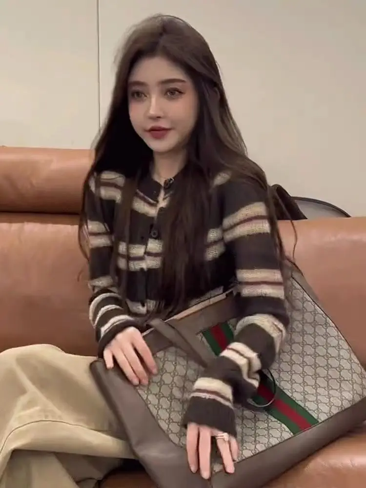 Autumn and winter casual fashion Hong Kong style small fragrance striped knitted cardigan sweater wide leg pants two-piece set