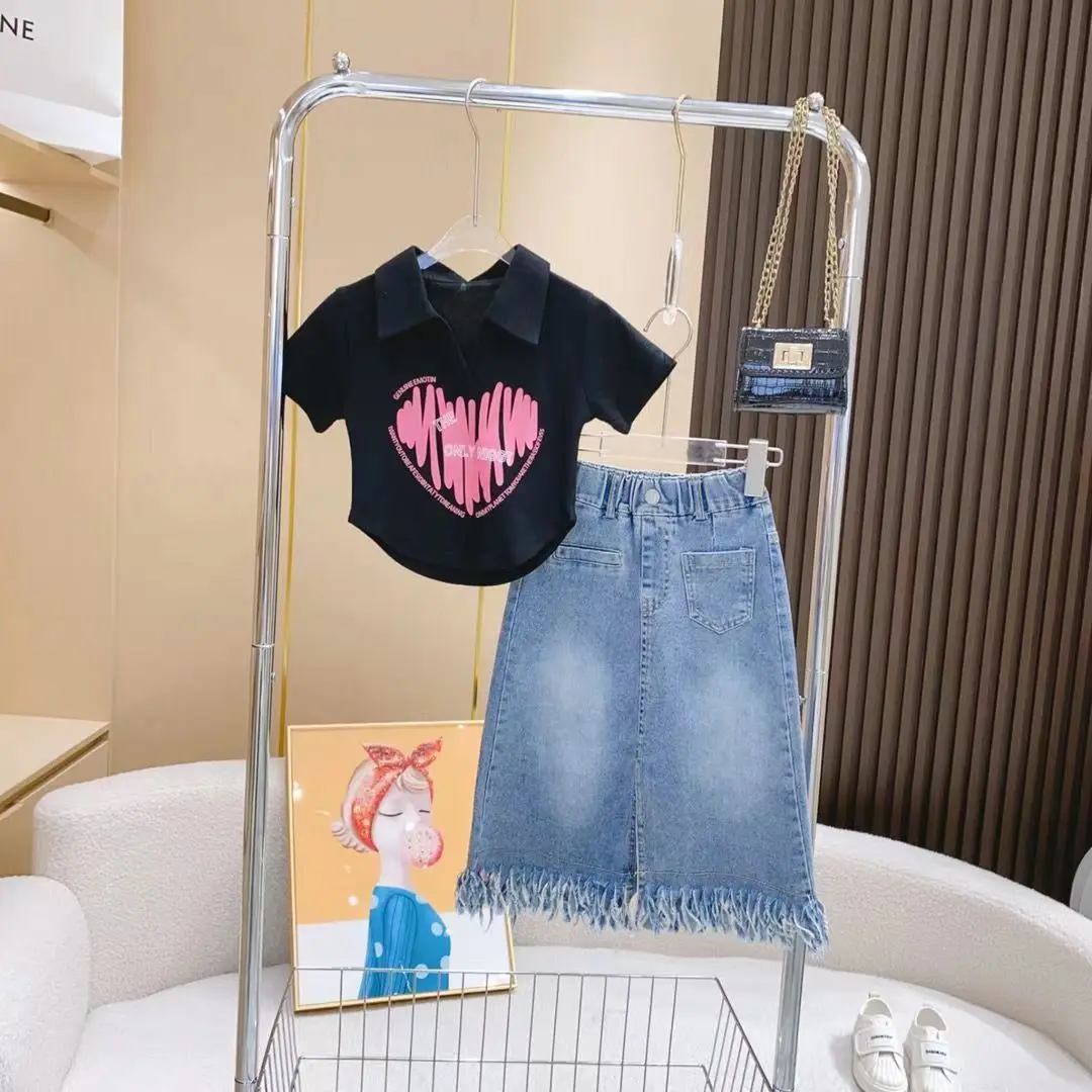 Teenage Girls Summer Set New Fashion Korean Children\'s Fashionable T-shirt Denim Skirt 2PCS Junior Girl Clothing