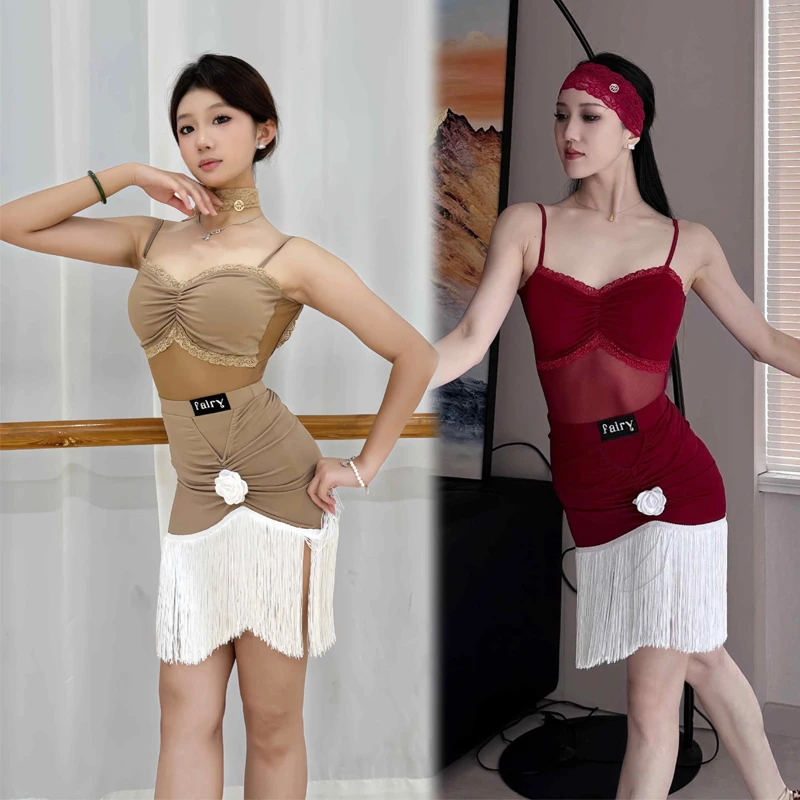 

Летняя одежда для латинских танцев самбы, женские костюмы для латинских танцев чача-румба, топ без рукавов для взрослых, юбки с бахромой, SL13270