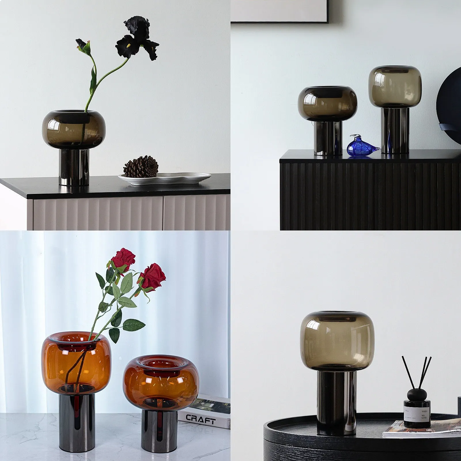 Dark Glass Vase, Iron Frame Cylindrical Base Flowerpot, Living Room Decoration, Creative Hydroponic Vase, Glass Container