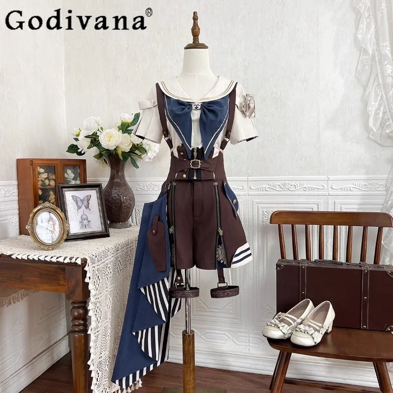 

Women's Three Piece Set Cos Prince Costume Original Lolita Cosplay Clothing Ladies Navy Collar Shirt Strap Short Trailing Outfit