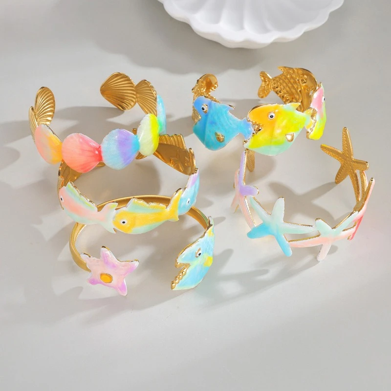 

Macaron Colors Ocean Series Oil-Drip Starfish Shell Bracelet Stainless Steel Lovely Blangle Various Style for Women Jewelry Gift