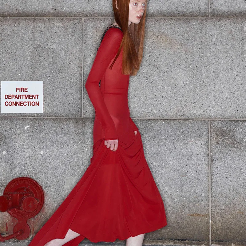 ผู้หญิงฤดูร้อนY2K Vintageดูผ่านตาข่ายSheerแขนยาวBackless Cross Tie-Up Evening Party Cover-Upชุดยาว