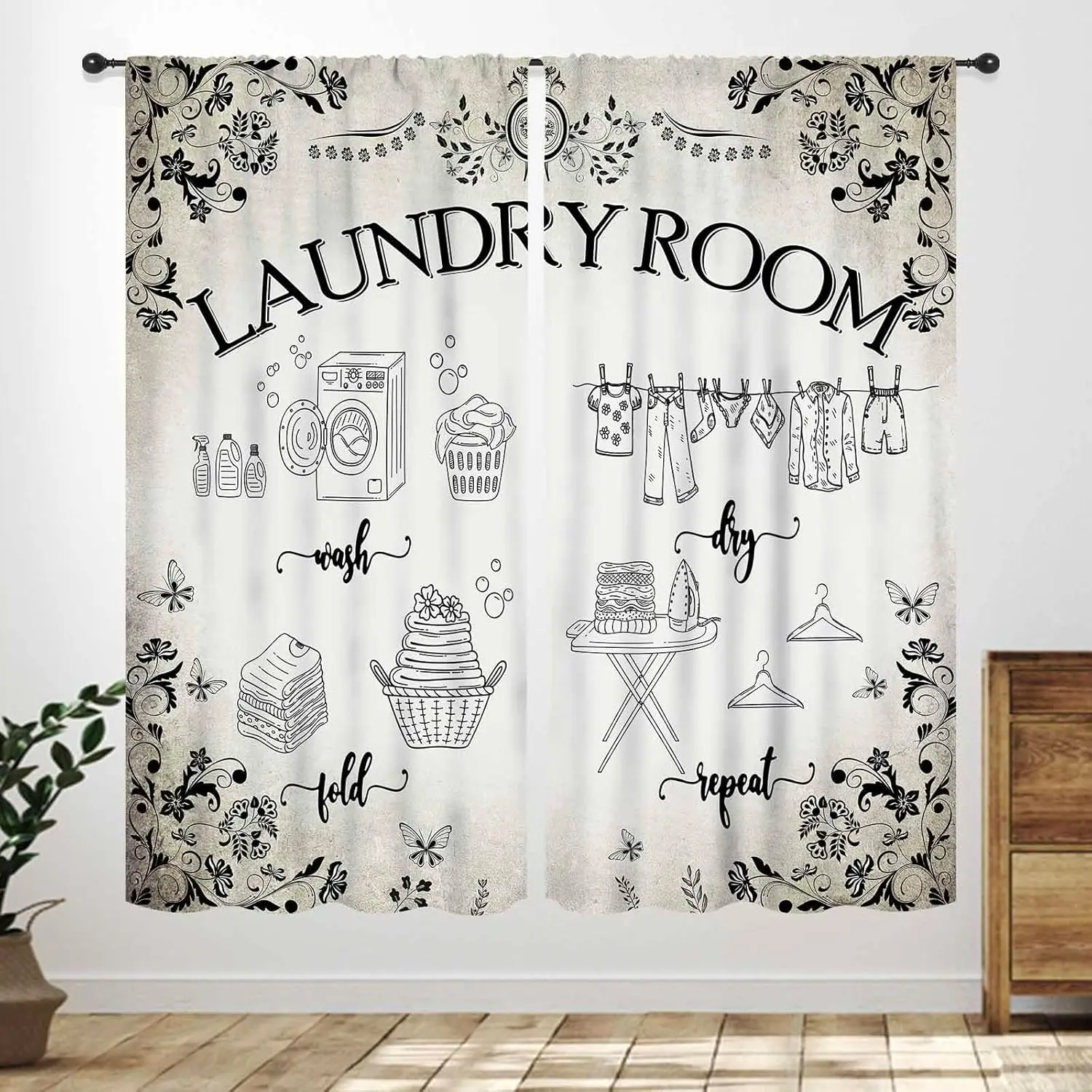 Laundry Room Curtains for Windows,Rustic Farmhouse Dry Wash Fold Repeat Country Wood Window Treatments Bedroom Living Room
