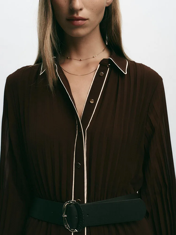 Vestido Midi de Manga Longa Faionável para Mulheres, Nova Chegada de Outono, Vestido Psado com Cinto, Estilo E e ...