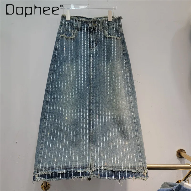 

Korean Denim Skirt Rhinestone Raw Edge Women 2024 Summer Streetwear High Waisted A Line Midi Skirt Female Loose Clothes