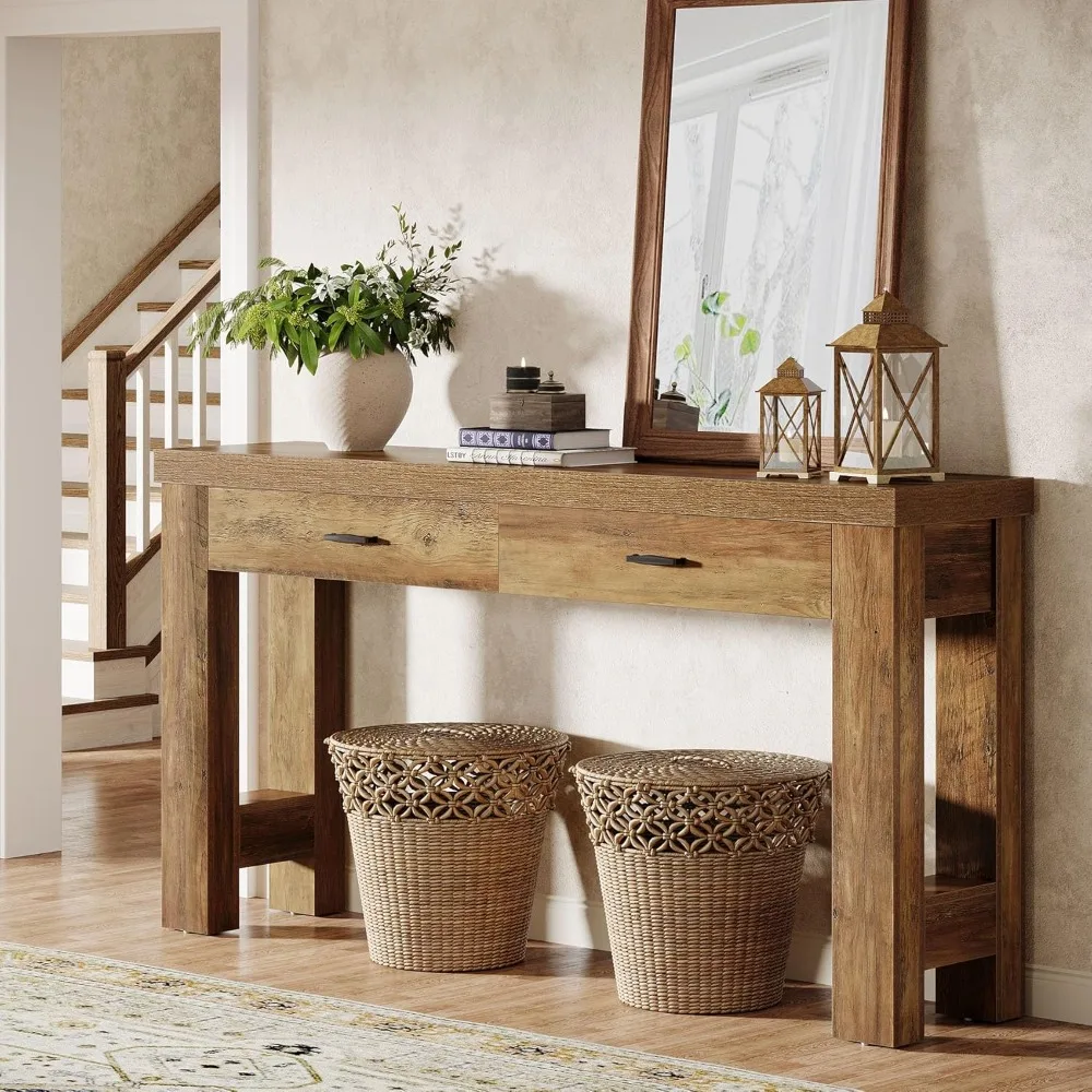 

63 Console Table with 2 Drawers, Farmhouse Entryway Table with H-Shaped Sturdy Legs for Hallway, Living Room