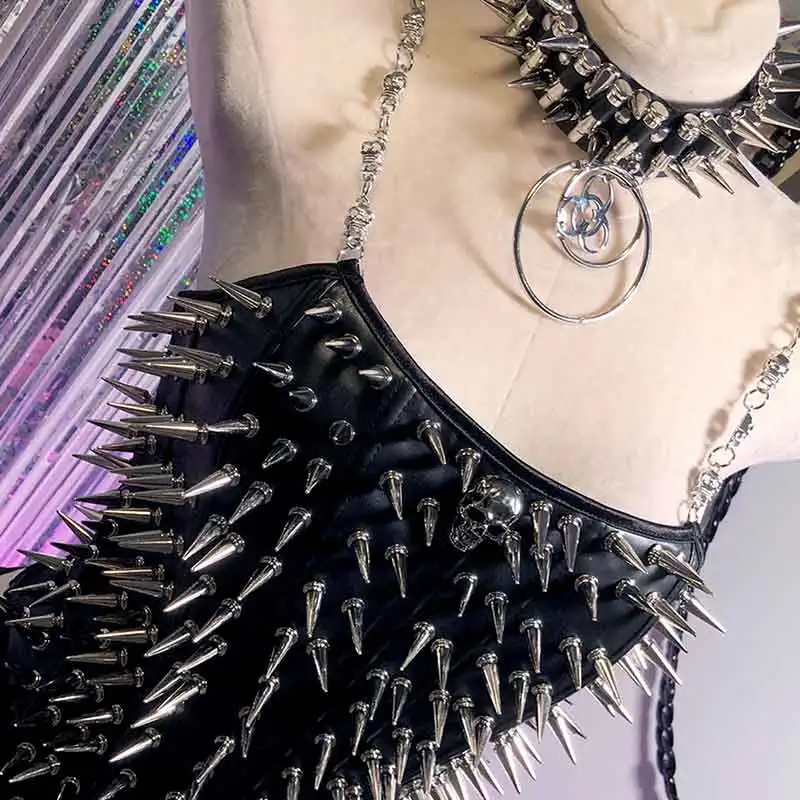 Punk Rock Eco Gothic Tanks Harajuku Y2K Halter Camisole TOPS Goth Skull Hand Made Kawaii E-Girls Studded Rivet Emo Grunge