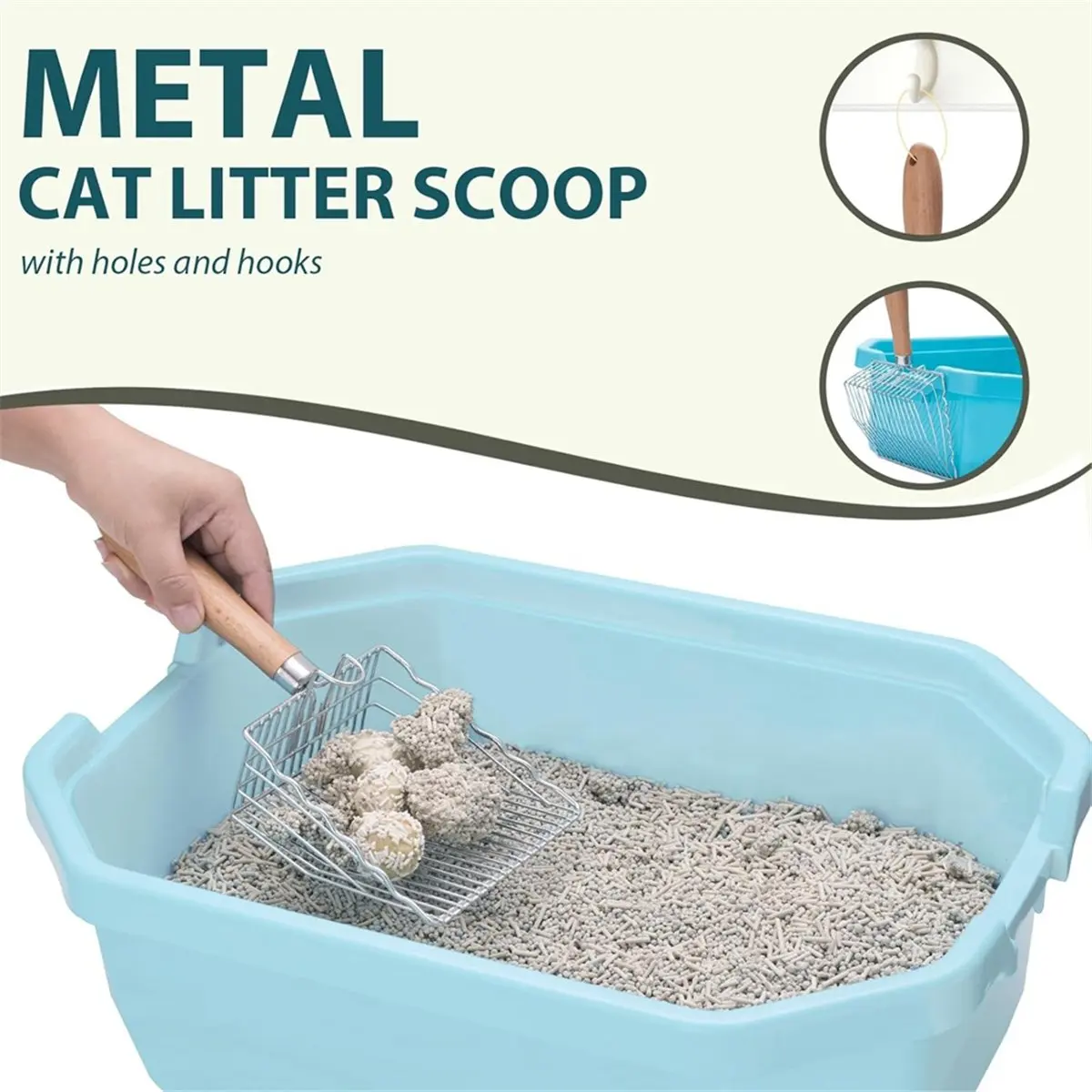 【NEW！TURE】 Cat Litter Scoop, Kitty Metal Scoop with Hook and Hole, Stainless Steel Kitten Poop Lifter for Litter Box
