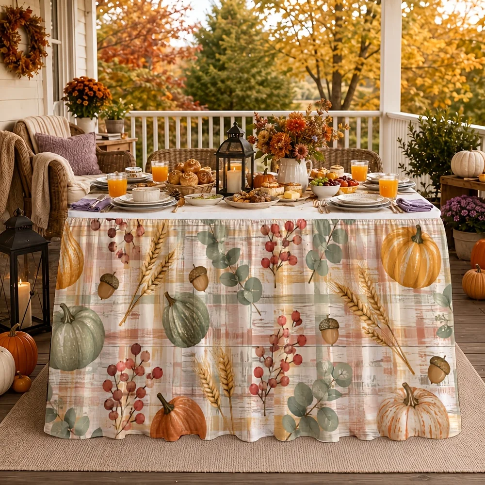 1 Tablecloth Table Skirt Autumn Thanksgiving Plaid Pumpkin Chestnut Eucalyptus Wheat Fruit Printed Polyester Table Skirt