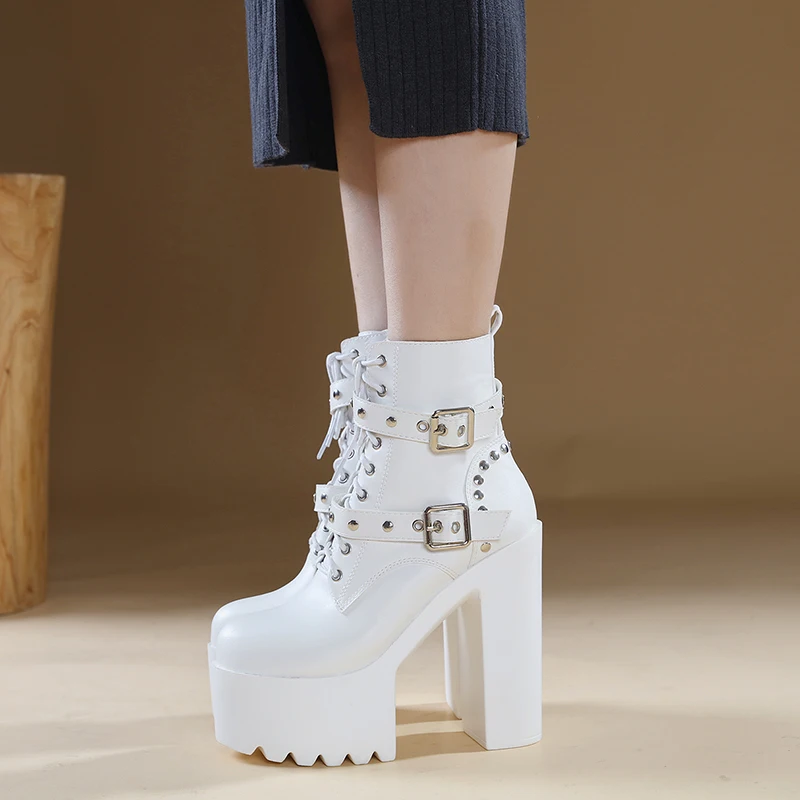 حذاء مسرح تنكري بنعل سميك لعام 2024 للنساء بكعب عالٍ 16 سم ومنصة مقاومة للماء وتصميم بسحاب جانبي باللون الأبيض #4