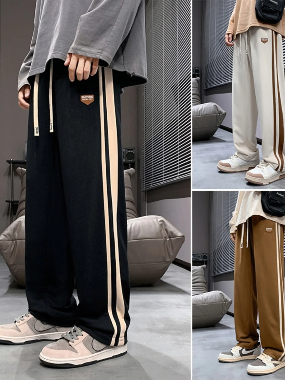 Men's Sporty Casual Pants Summer Trendy Brand Patchwork Side Stripe Wide Leg Loose Straight Leg Long Trousers Spring Autumn