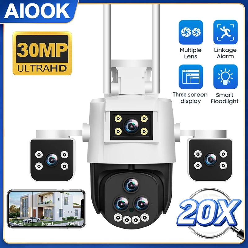 

AIOOK 20X Zoom Outdoor Camera HD 30MP WiFi Camera 24/7 Record Waterproof Night Vision Two Way Intercom Mobile Tracking IP CCTV