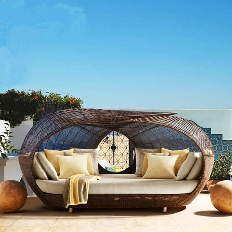 kv-Outdoor Hot Sale Good Quality Half Round Rattan Daybed Wicker Patio Furniture Daybed With Soft Cushion/garden Sunbed&