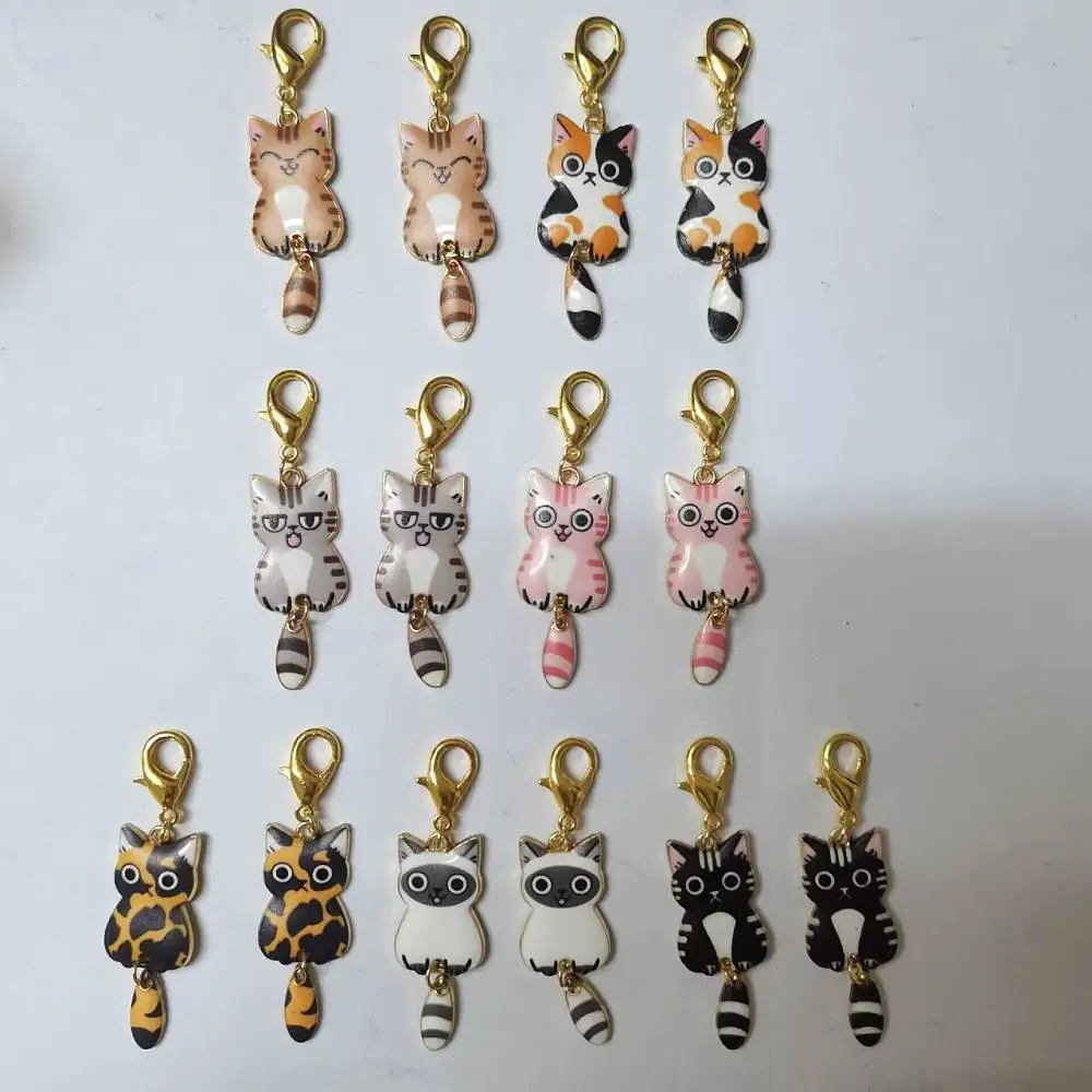 

28PCS Alloy Enamel Pendant Locking Stitch Markers Zinc Alloy Lobster Claw Clasps Stitch Marker Cat Mixed Color 5.6cm 7 colors