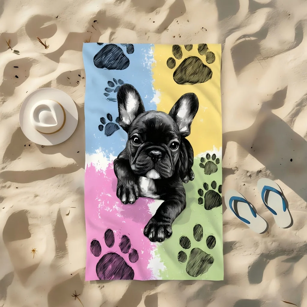 1pc Colorful Tropical French Bulldog Paw Print Beach Towel, Soft Absorbent Towel for Beach Vacation, Pool, Camping, Yoga & Divin