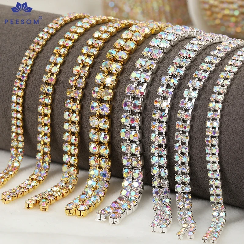 PEESOM AAAA Grade 2rows Crystal AB Rhinestone Cup Chain Sliver/Gold Base Glass Rhinestone Trim Chain for DIY Jewelry Accessories