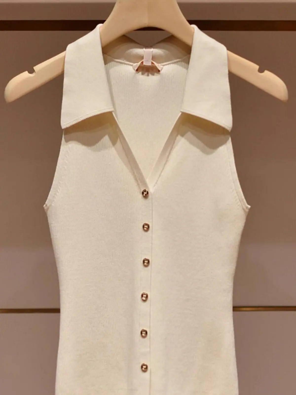American lapel sleeveless beige small fragrant slim-fit knitted vest