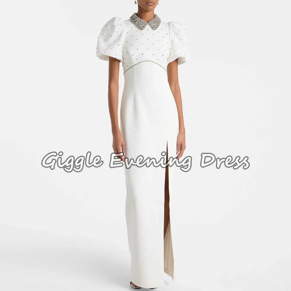 

Modern Puff Short Sleeve Evening Gown Beading High Neck Formal Party Dress Floor Length Ivory Long Prom Dresses Customized