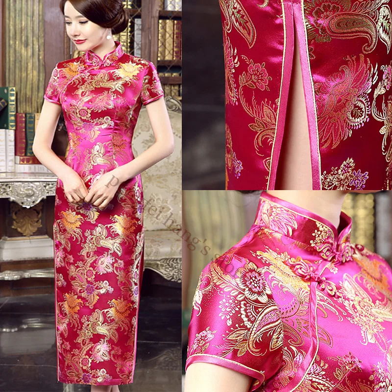 

Long Cheongsam Lady Sexy Qipao Chinese Traditional Mandarin Collar Dresses Elegant Satin Vestidos Oriental Bride Wedding Dress