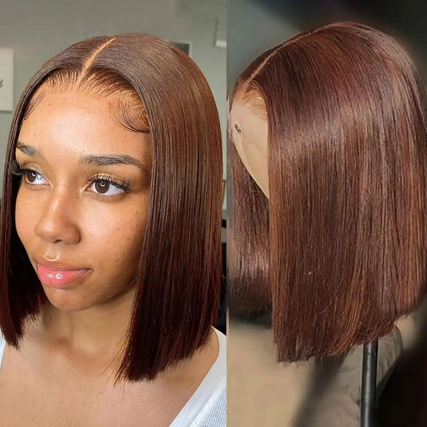 13X4 Lace Frontale Pruik Echt Menselijk Haar Rechte Korte Bob Pruiken 4 # Chocoladebruine Pre-Geplukte Naturl Haarlijn 200% Dichtheid