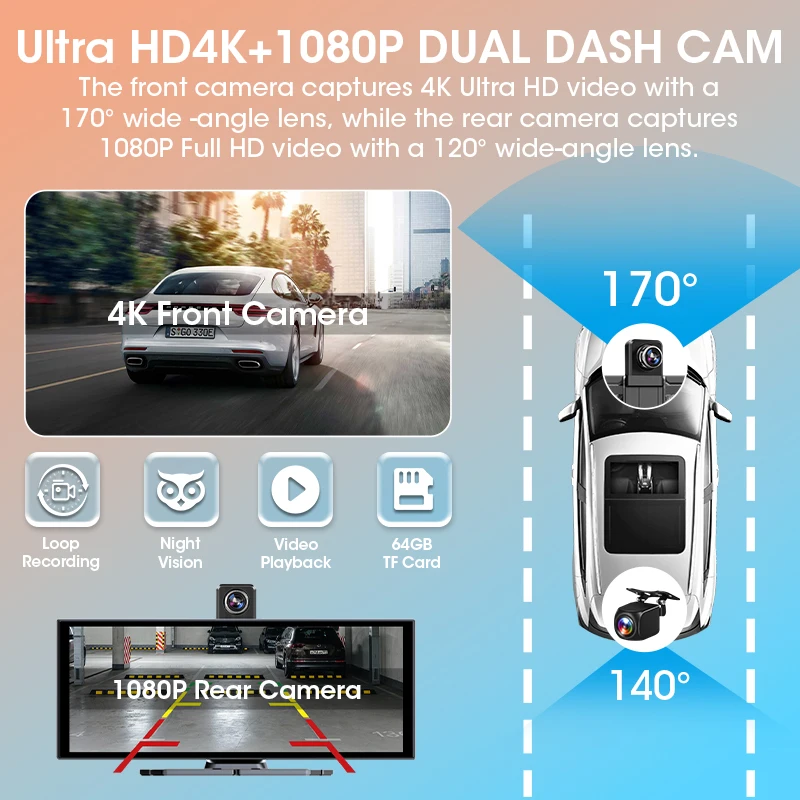 Srnubi 11.26 "Carplay جهاز تسجيل فيديو رقمي للسيارات 4K + 1080P داش كام 2160P تدوير عدسة أمامية مسجل أندرويد السيارات مرآة ربط Ai صوت #5