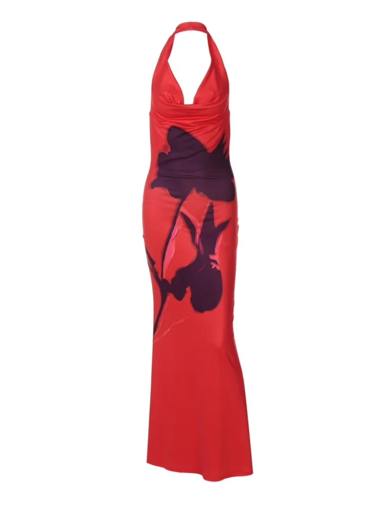 Robe longue imprimée pour femmes, Sexy, col en V profond, mode soirée, rouge, épaules dénudées, sans manches, dos nu, moulante, robes longues de vacances