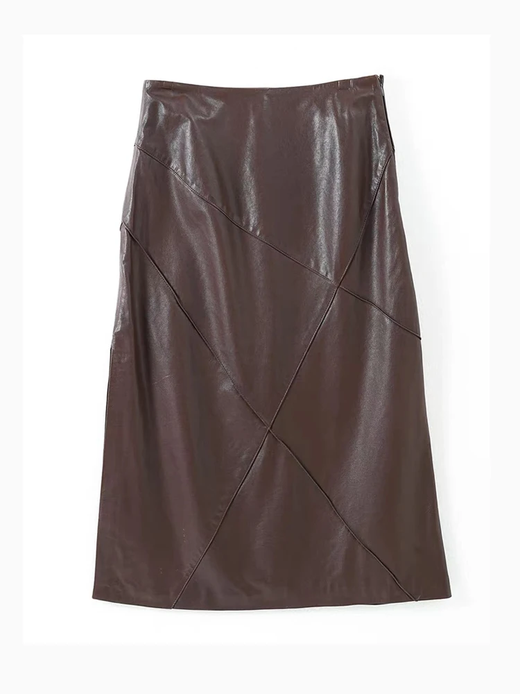 Woman Winter Genuine Leather Long Skirt Lady 80cm Mid-Calf Femme Natural Leather Diagonal Clipping Faldas Largas
