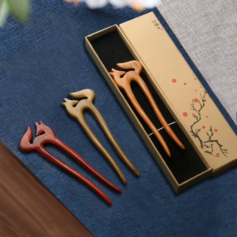 

Woman's Hair Stick Chopsticks Sandalwood Fox Shaped Bun Hair Making Accessories U-shaped Hairpin Fork Chinese Hanfu Hair Jewelry