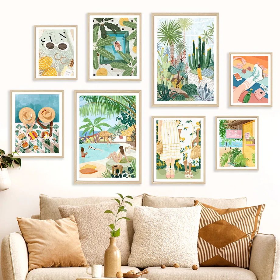 Fashion Moroccan Girl Tropical Plant Leaf Wall Art Canvas Painting Boho Nordic Posters and Prints Pictures For Living Room Decor