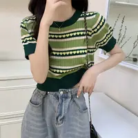 26/5000  Large size Avocado Green Knit T-shirt Short sleeve blouse ice yarn slim loose thin short Tshirt - Image 4