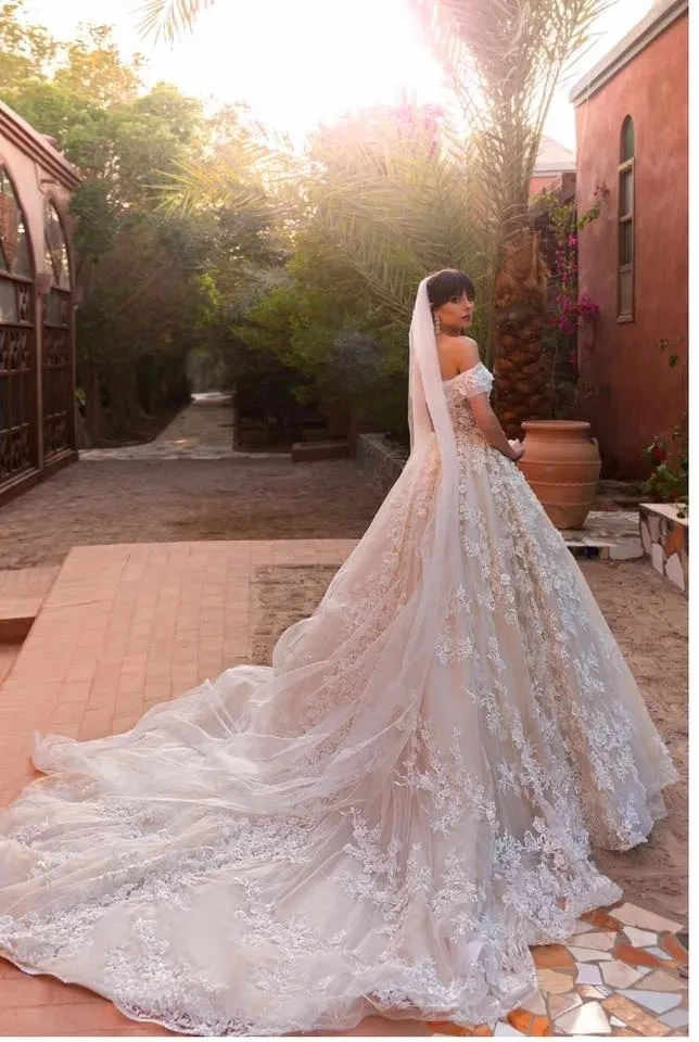 Abiti da sposa taglie forti abiti da sposa con spalle scoperte Blush fiori 3D abiti da ballo da sposa in pizzo A201864