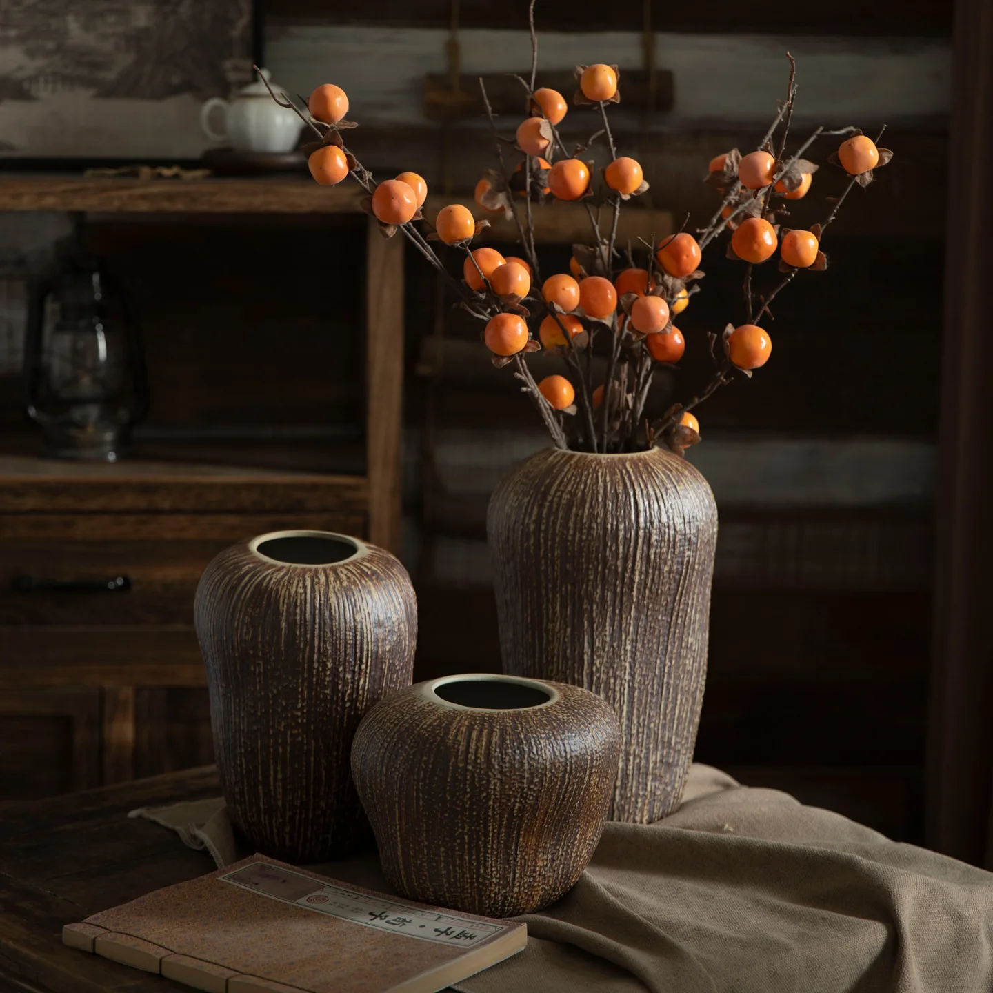 Jingdezhen New Chinese Wood Grain Ceramic Vase Retro Coarse Pottery Flower Ware Home Stay Hotel Countertop Decoration Ornament