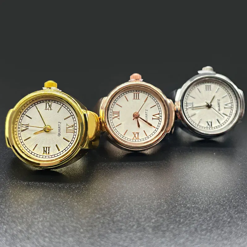 Fashion punk watch ring can rotate niche lovers finger watch mini clock can see the time retro creative elastic ring