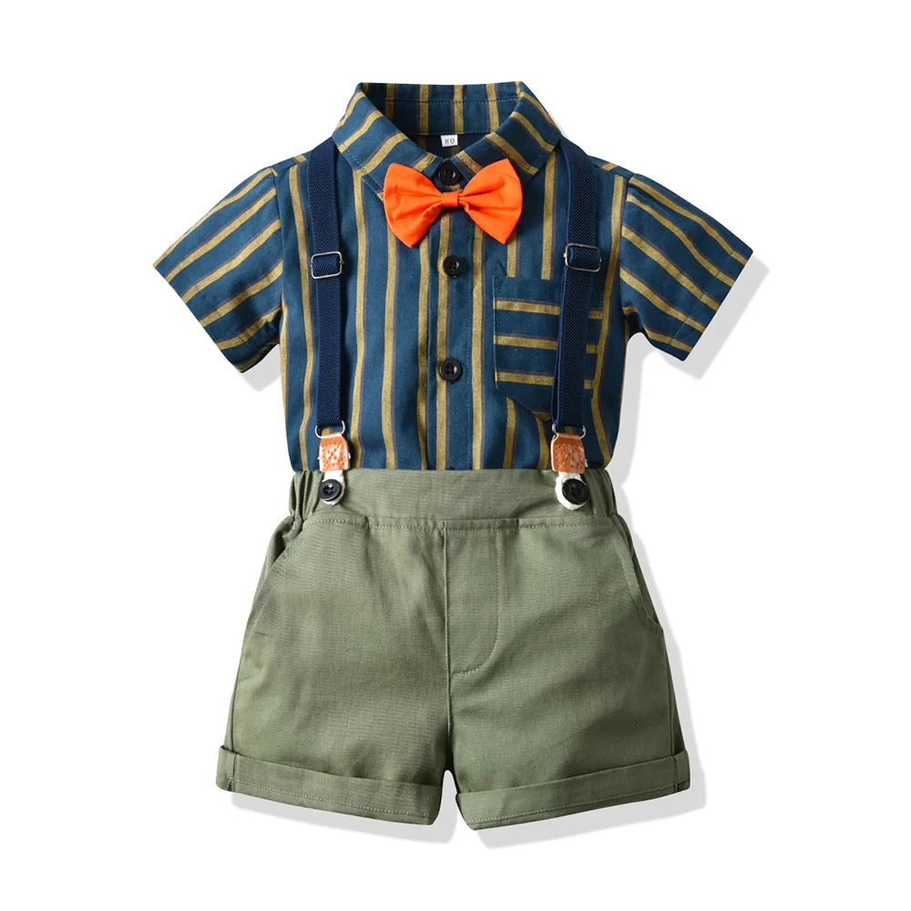 Conjunto de camisa de manga curta infantil e calções de gravata borboleta, roupa de lapela cerimonial menino, vestido elegante, verão