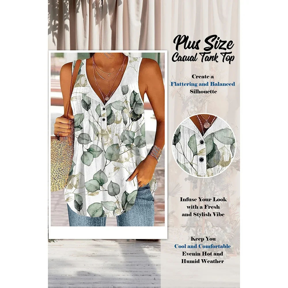 Plus Size Women's Casual Vest White Cotton and Linen Plant Print Button Folding Soft 2024 Summer Vest